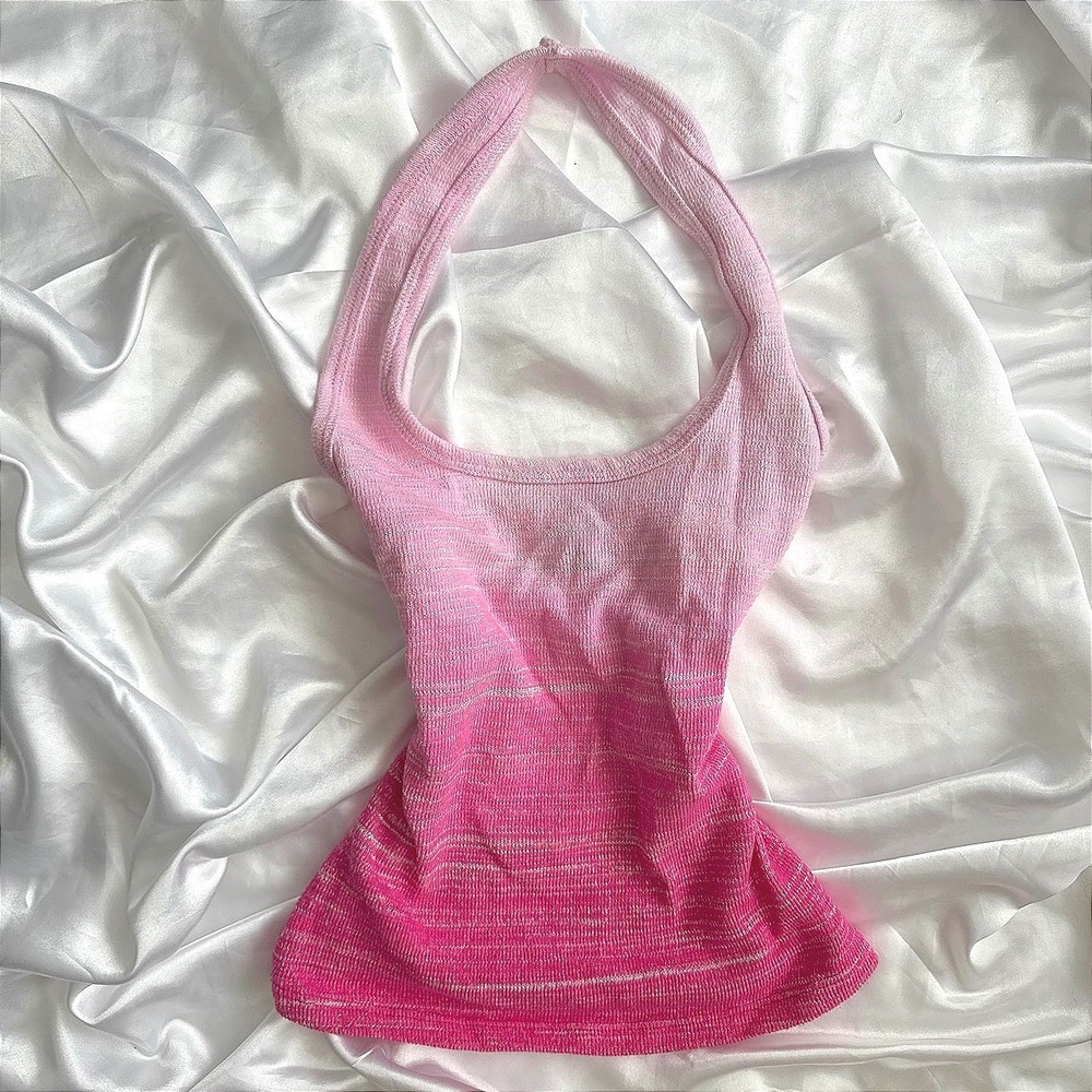 Eye Candy Pink Ombre Halter Top Knit Y2K Space Dye Scoop Neck Sleeveless